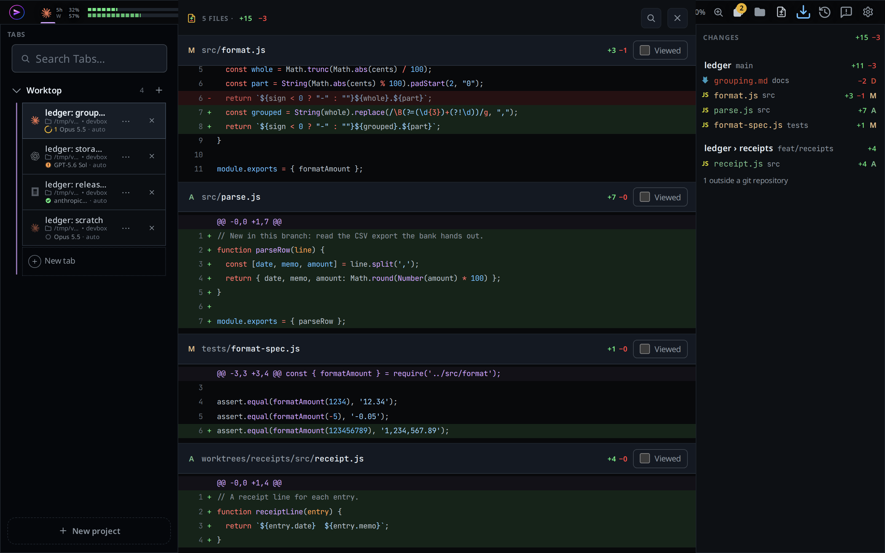 A desktop window: the docked explorer on Changes at the right, the diff sheet in the pane on tests/format-spec.js