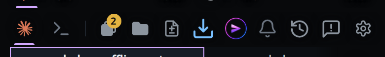 The mode strip: Agent and Shell, the tabs button and the folder, then the blue install arrow, the bell and the cog