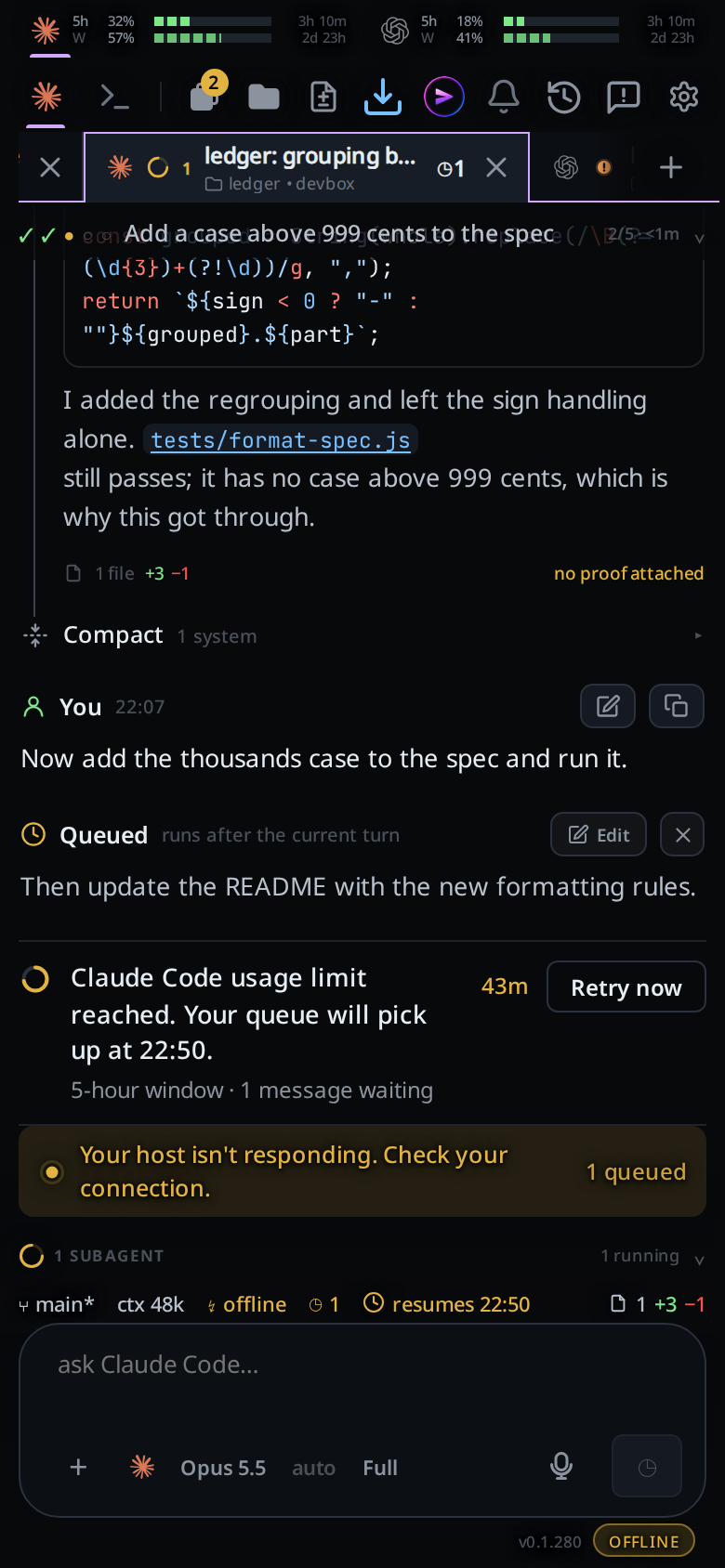 The app with no connection: the whole transcript still there, the amber
banner above the composer, and the amber OFFLINE pill under
it