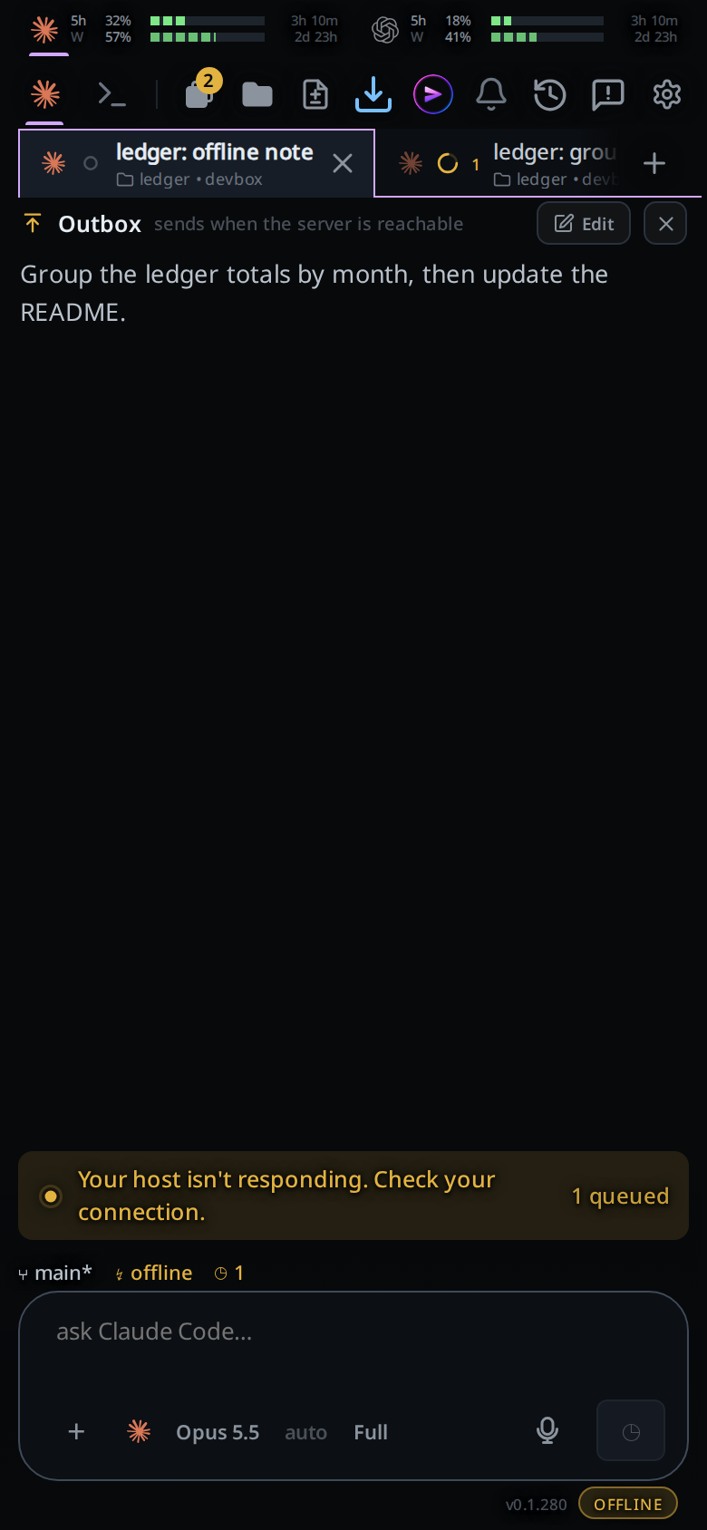 The thread with one outbox row at the top, the offline banner counting 1
queued, and the tab carrying the same count