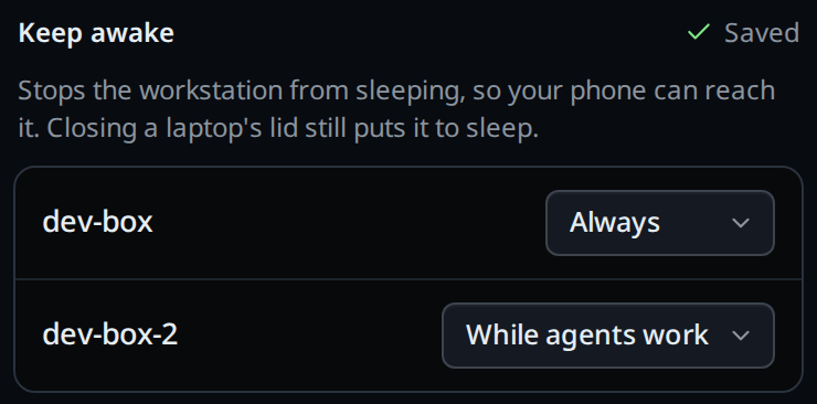 The Keep awake group with two workstations: dev-box set to Always, dev-box-2 on While agents work.
