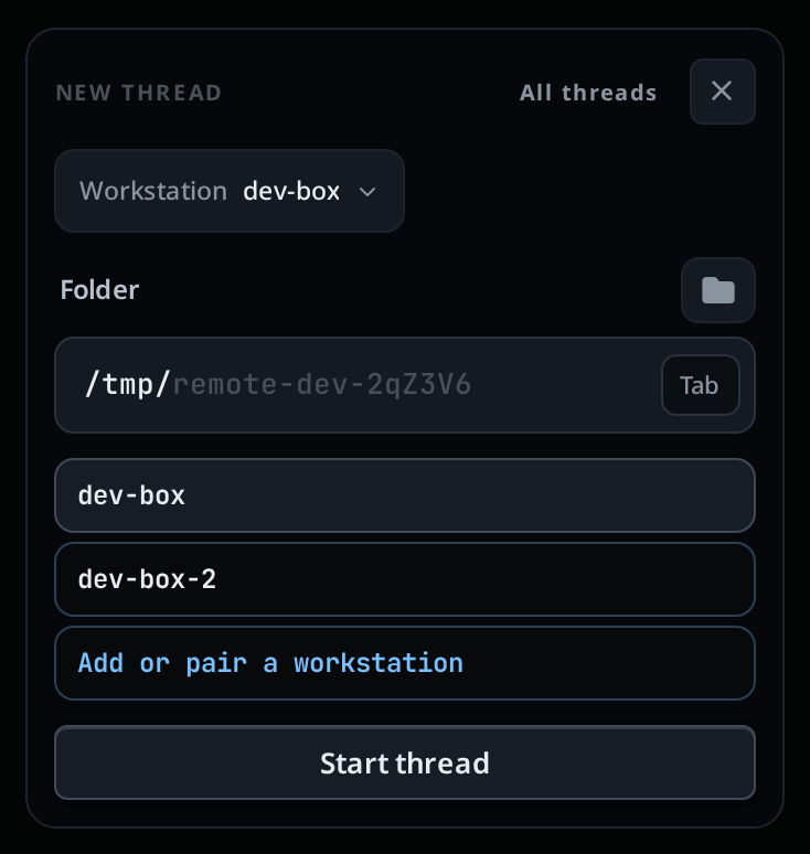 The New thread card with the box pick open: dev-box, dev-box-2, and "Add or pair a workstation"