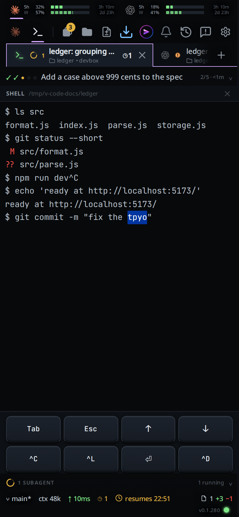 A git commit command on the prompt line with the word "tpyo" selected.