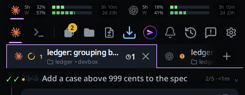 The top band on its own: usage meters, mode strip, top bar, plan strip.
