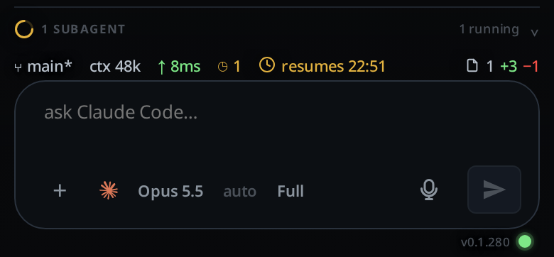 The bottom band on its own: the subagents strip, the status bar, the composer and the version row with the connection dot.