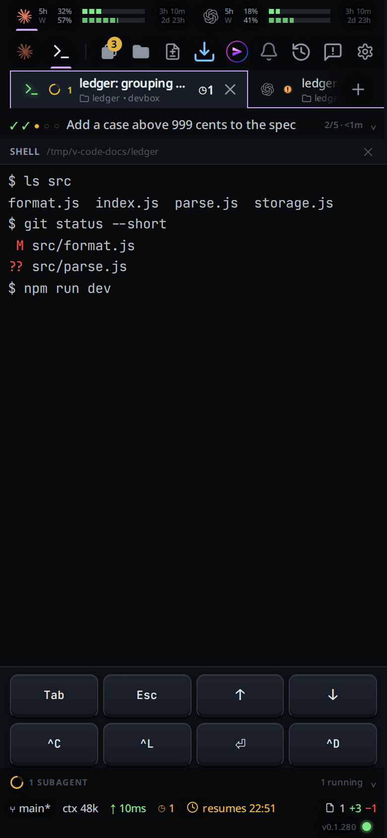 The terminal with "npm run dev" typed on the prompt line, before Enter.