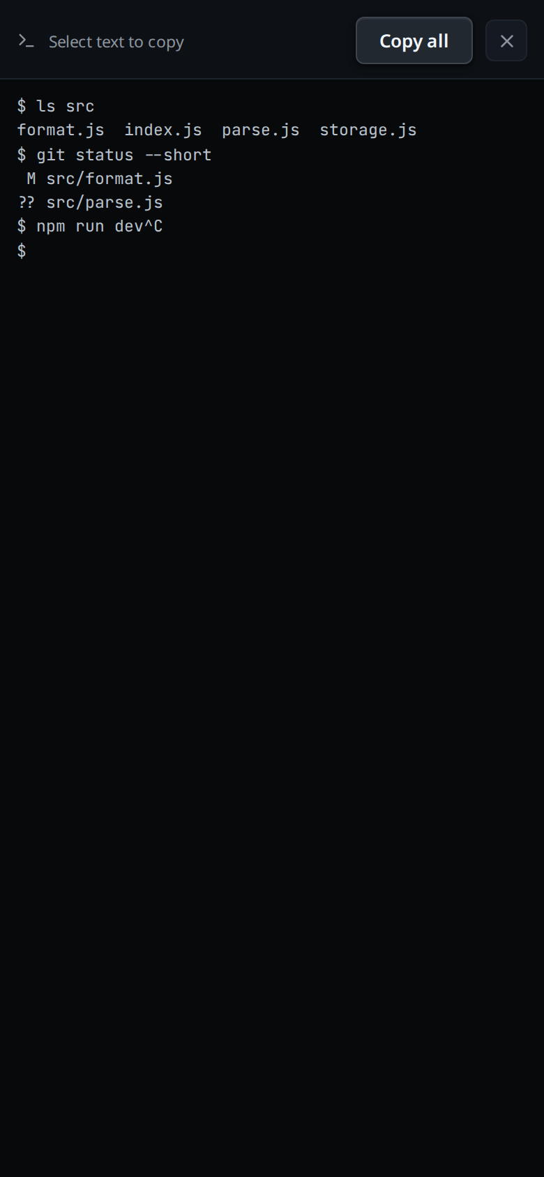 The SHELL sheet: "Select text to copy", a Copy all button, and the terminal's lines as plain text.