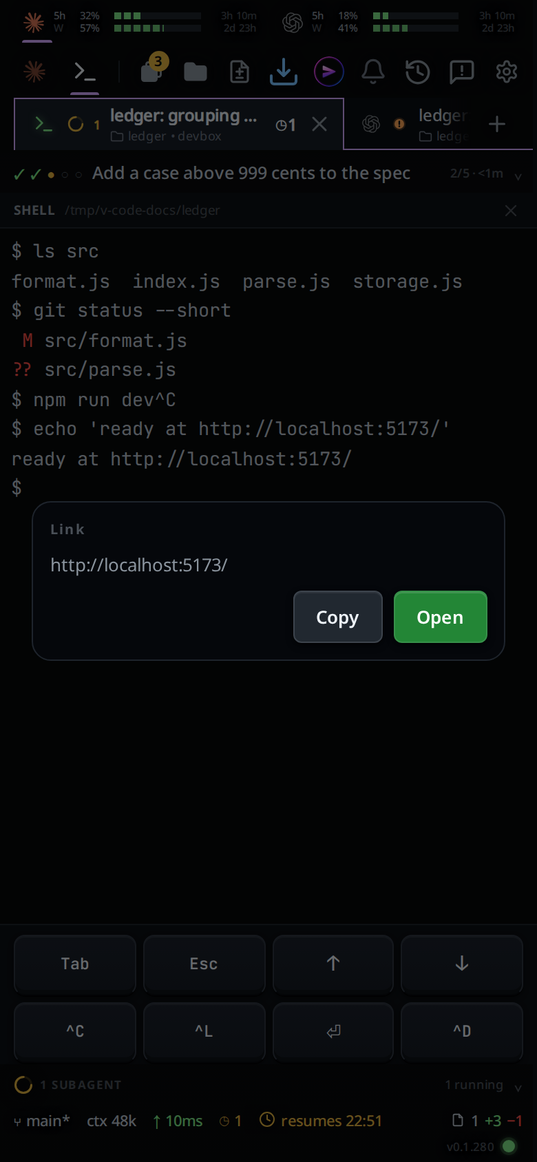The Link card over the terminal, showing http://localhost:5173/ with Copy and Open.