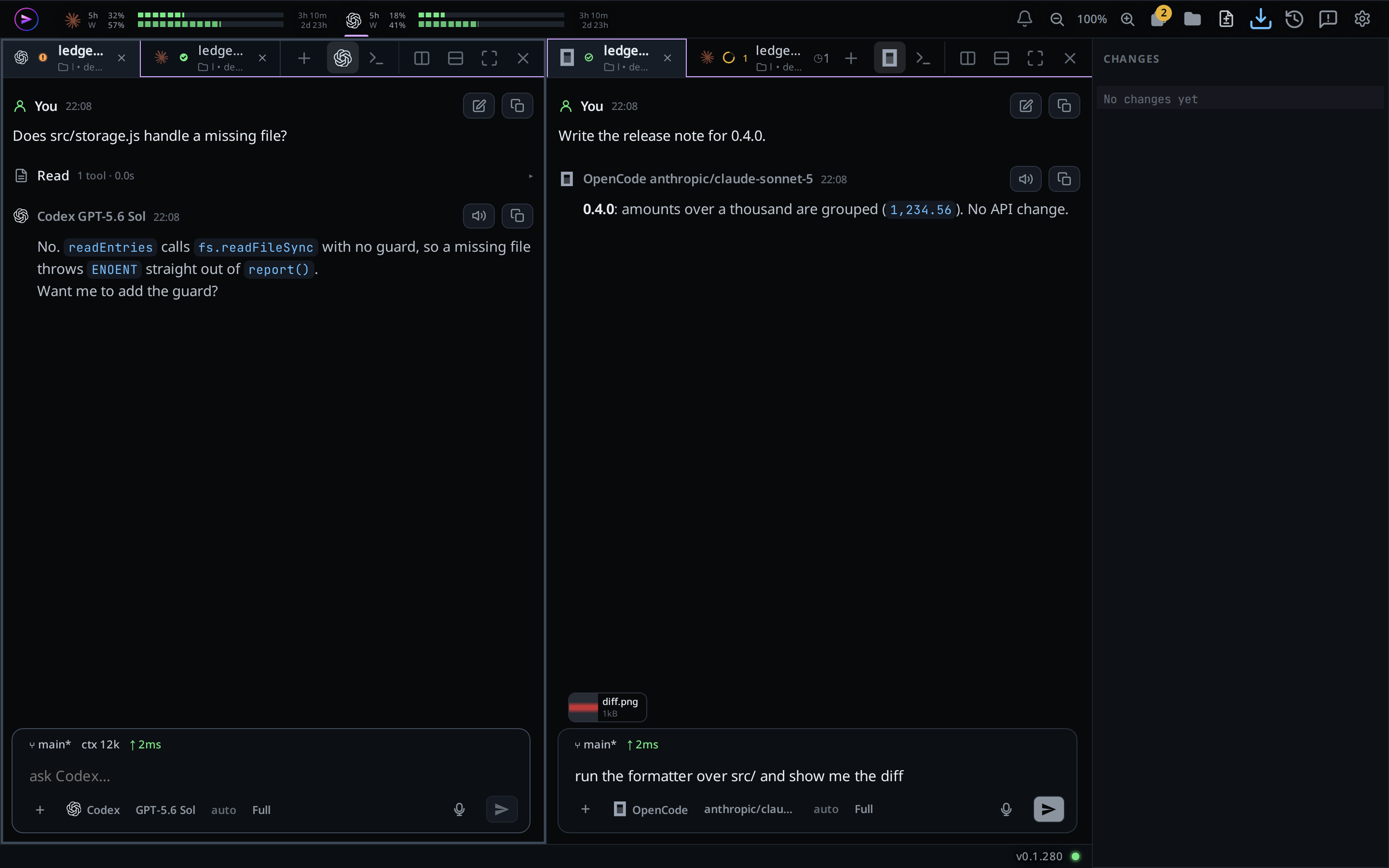 Two panes, the left one focused with the composer, the right one showing its own status line and the message typed into it.
