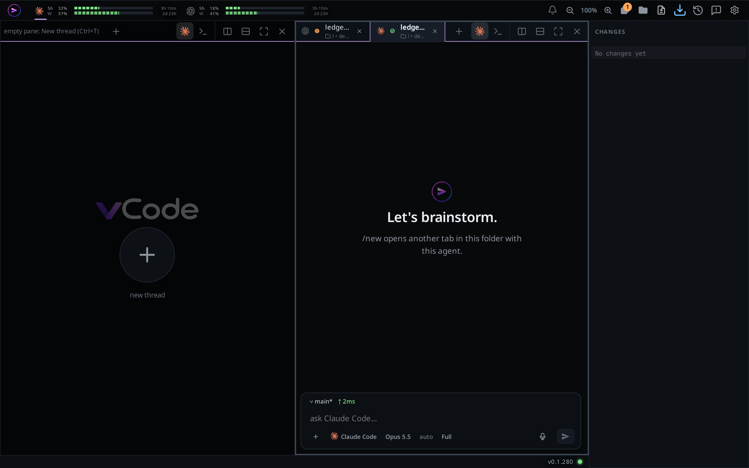 The left pane empty after its last tab was dragged out, darker than the pane beside it: the VCode logo, a round plus and "new thread" in the middle, no footer, the right pane holding every tab.
