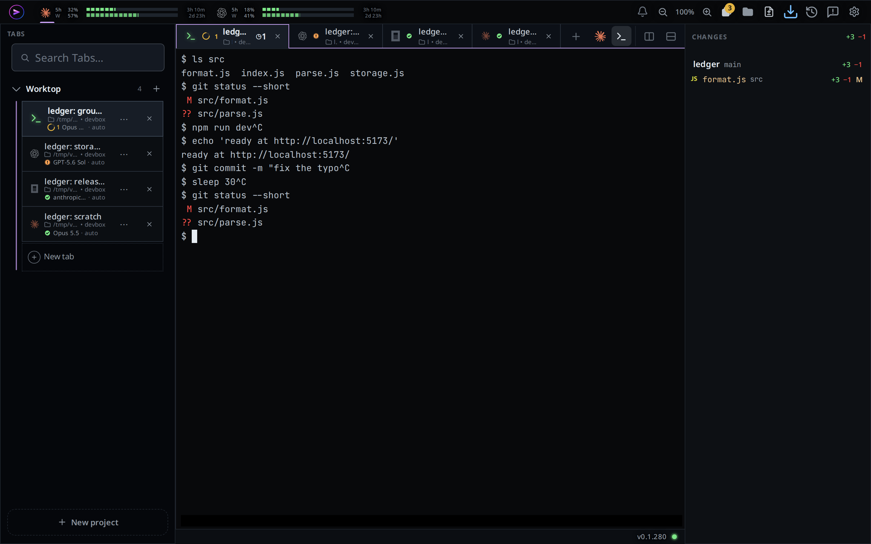 A wide window: the pane header with the terminal button lit, and the tab's terminal filling the pane with git status output.