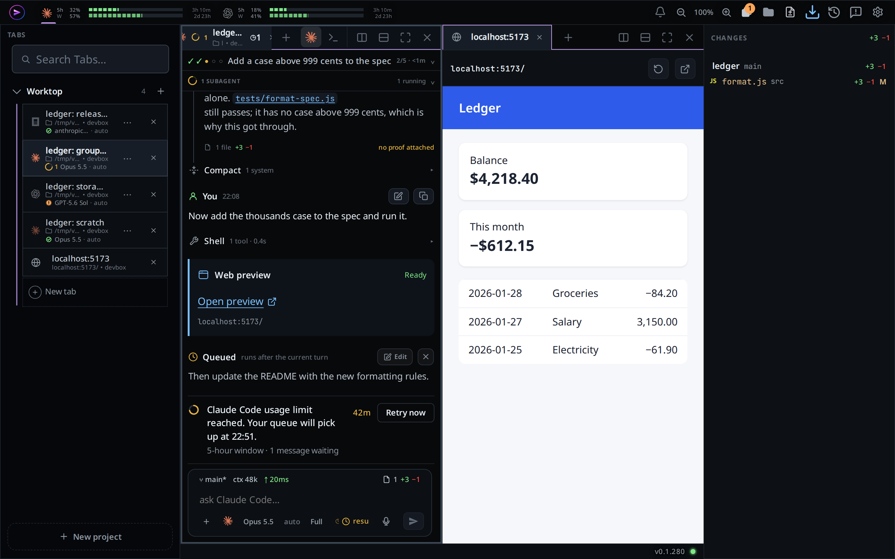 A thread on the left and a preview tab on the right showing the page a dev server on port 5173 serves