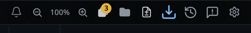 The top row's right end: the bell, then Zoom out, 100% and Zoom in, then the folder, Install and the cog.