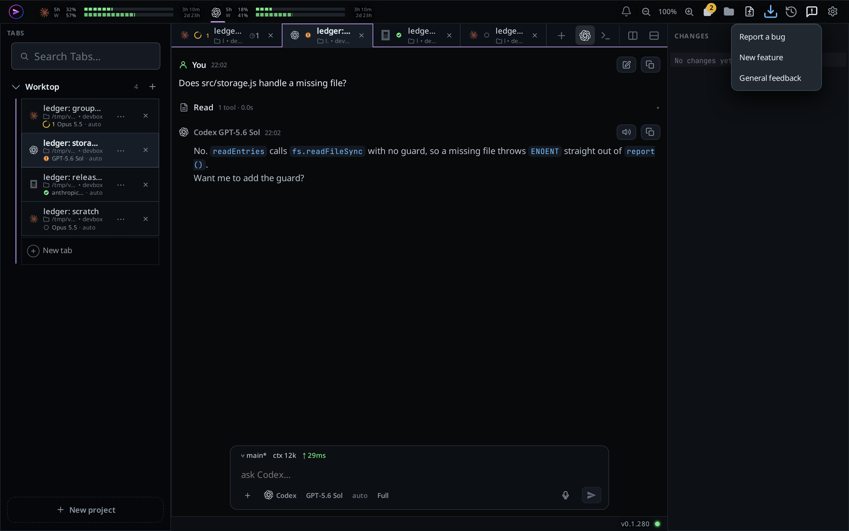 The report menu open on a wide screen