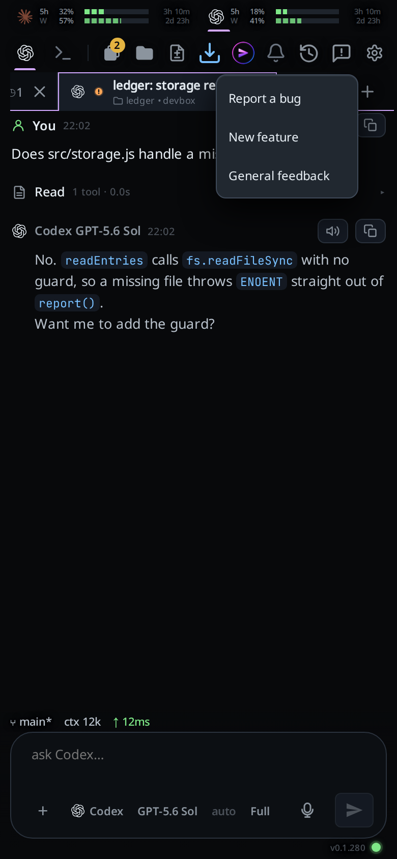 The report button's menu: Report a bug, New feature, General feedback