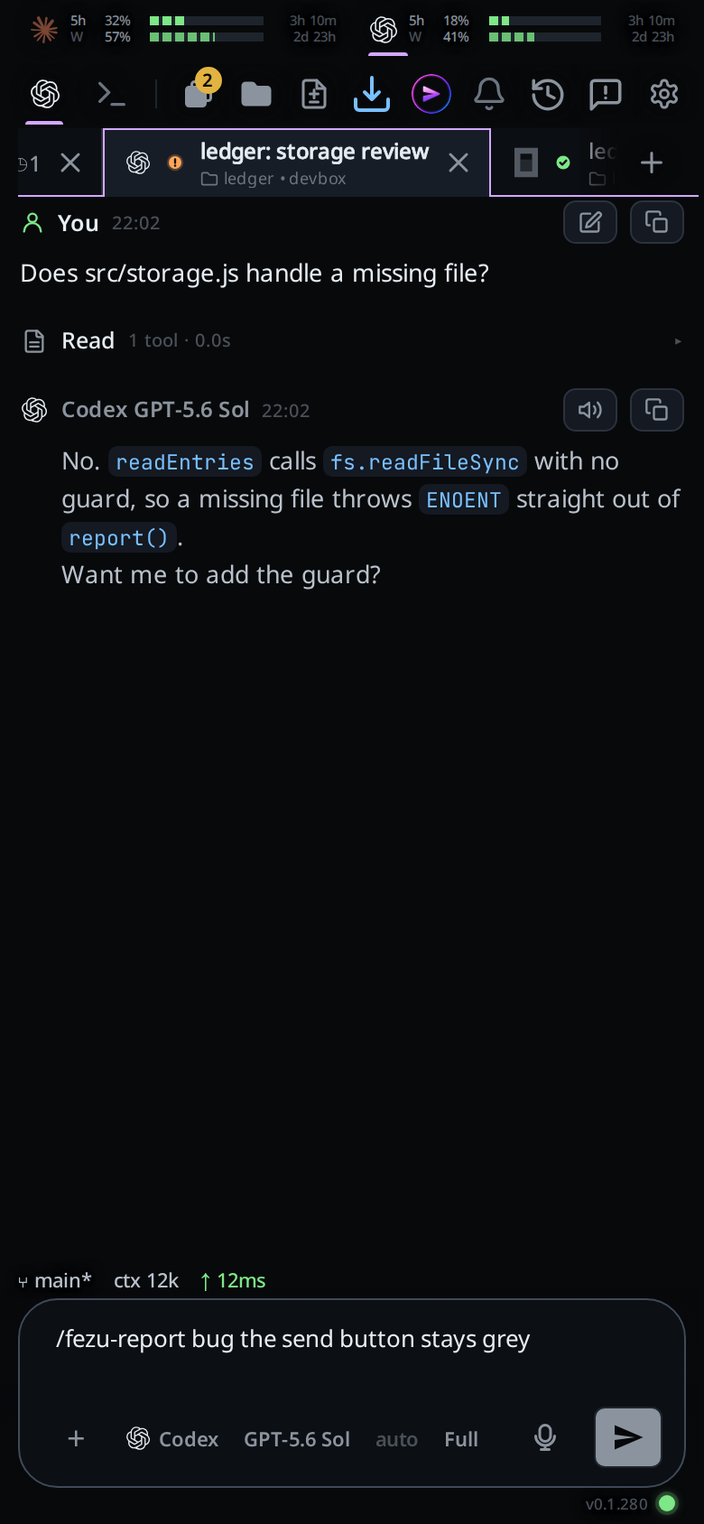 The composer holding /fezu-report bug with a line of detail