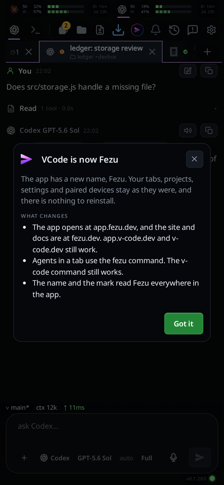 The What's new popup: VCode is now Fezu, with the three changes under What changes.
