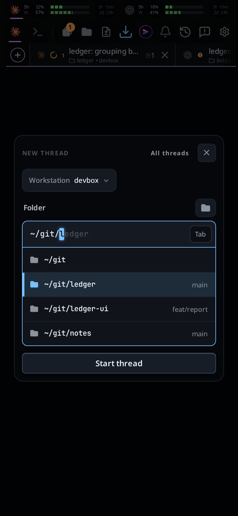The new-thread card open over the new-thread page, two layers deep.