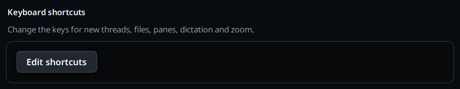 The Keyboard shortcuts group in settings, with its Edit shortcuts button.