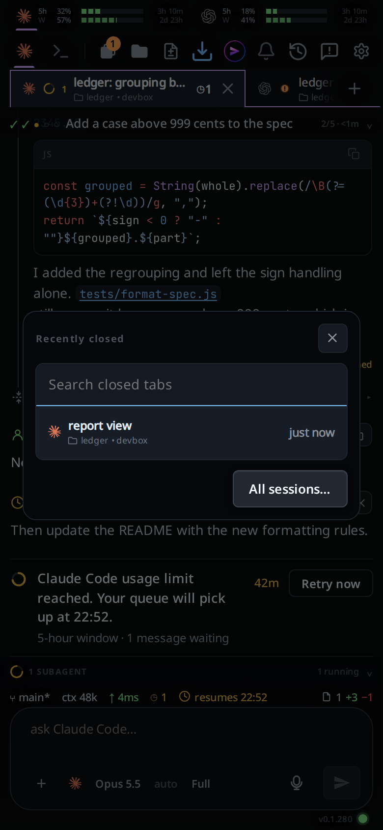 Recently closed on a phone: the search box with the closed tab report view under it, closed just now.