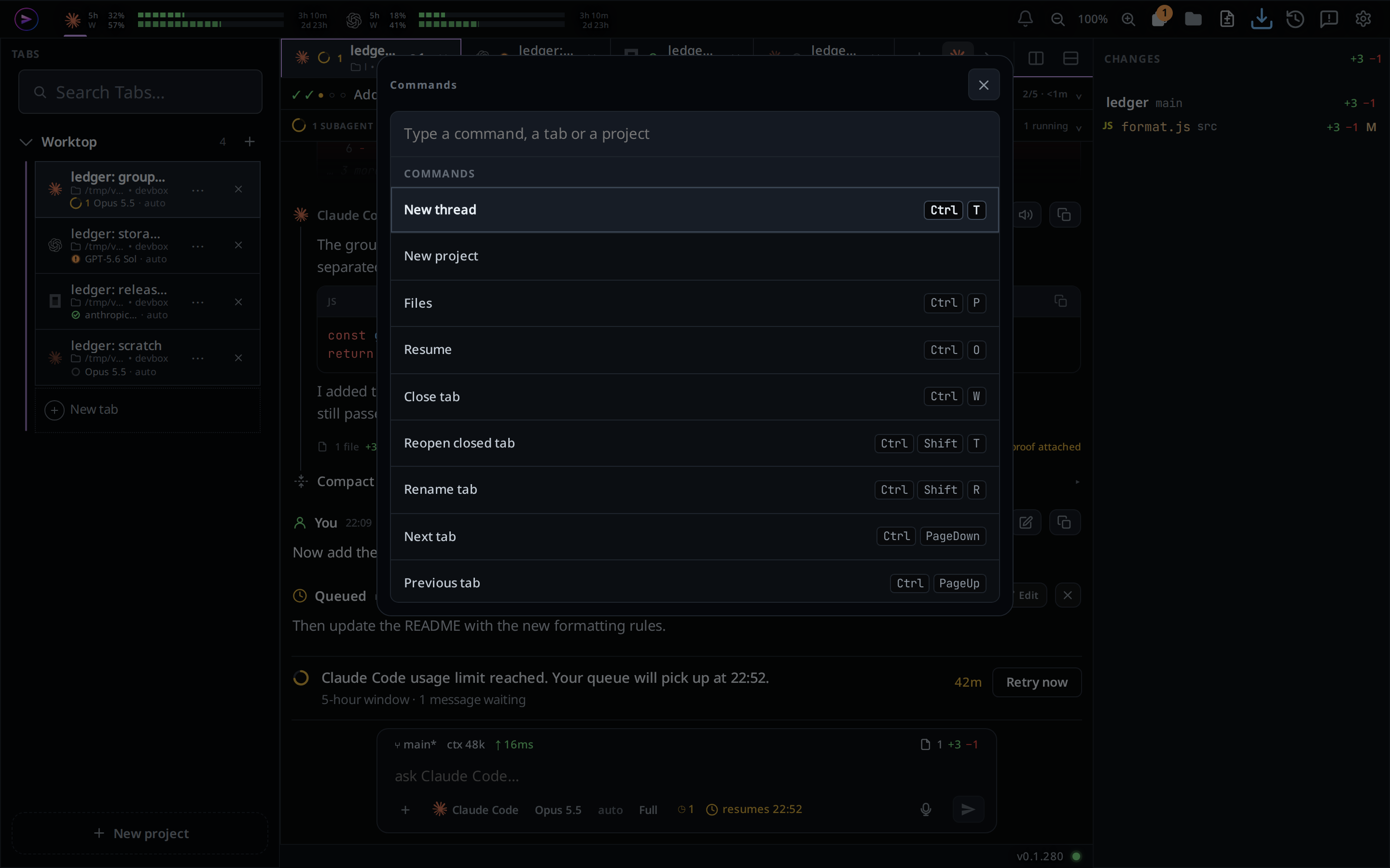 The command palette open at the top of the window, each command with its key.