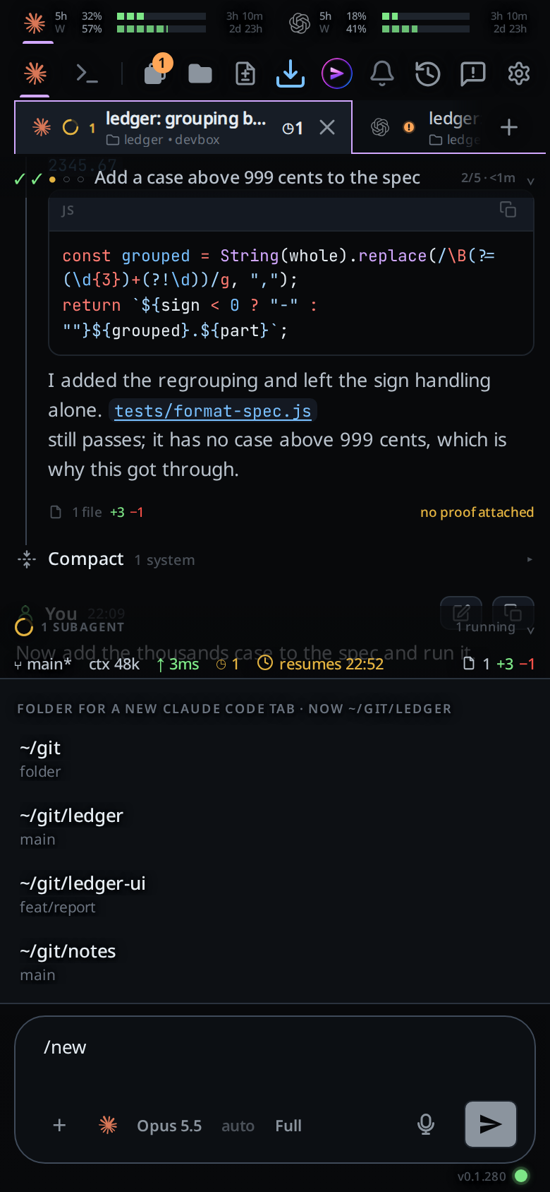 The slash menu above the composer, listing folders with their branches under a header naming the current one.