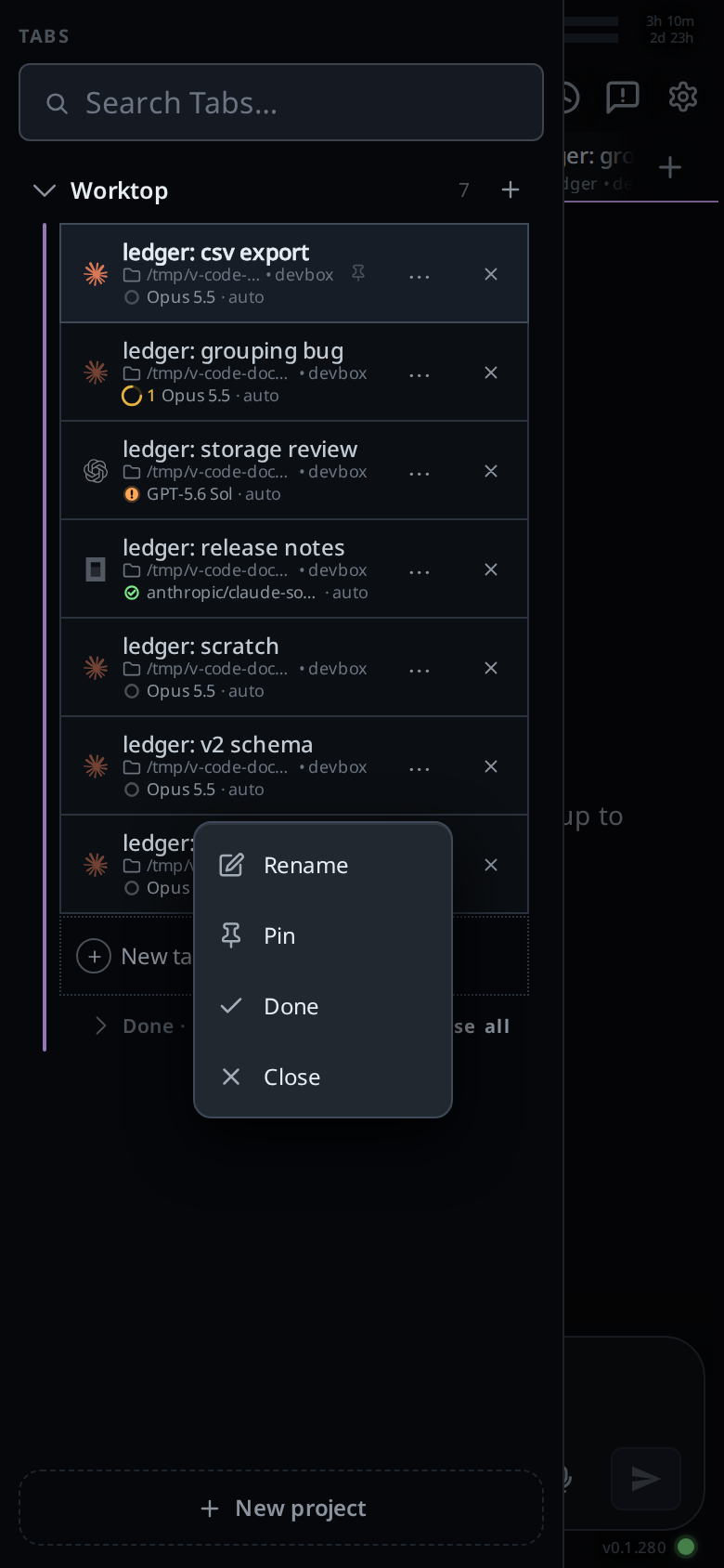 The tab bar with the tab menu open on a row: Rename, Pin, Done and Close, each with an icon.