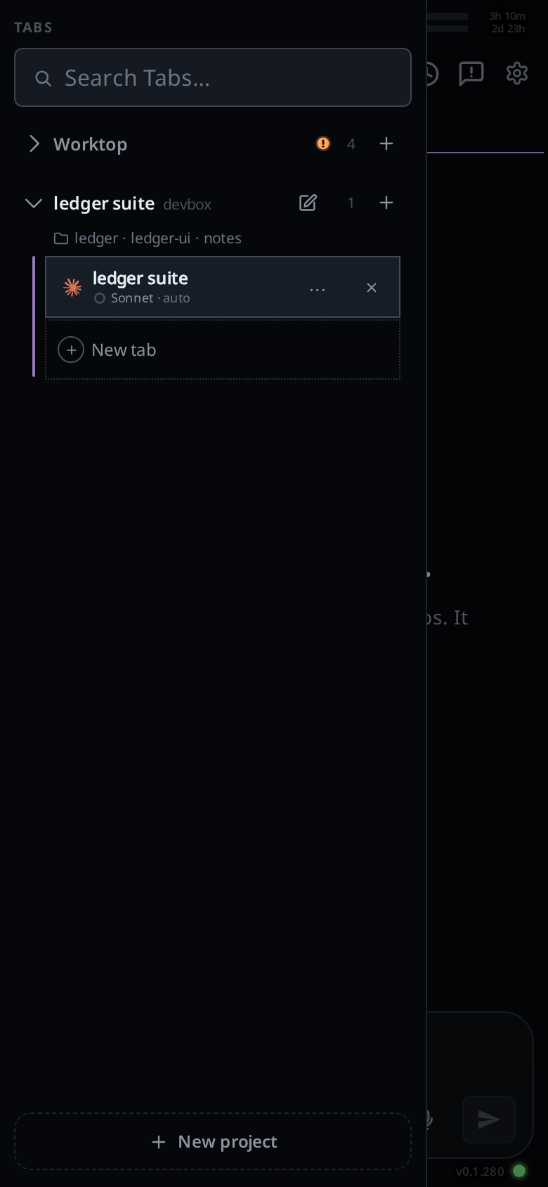 The tab bar with ledger suite open: its pencil, count and plus, the line ledger · ledger-ui · notes under the heading, and its one tab, named ledger suite, led by the agent's mark, its status and model under its name, and no folder line, then the dotted New tab row.
