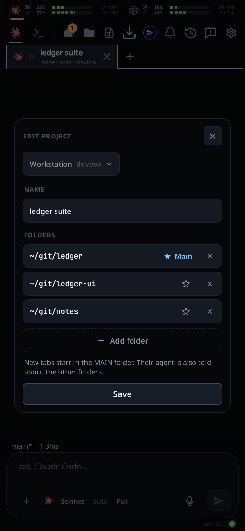 The Edit project card for ledger suite: the computer greyed out, NAME, the three folders with ledger as MAIN, Add folder and Save.