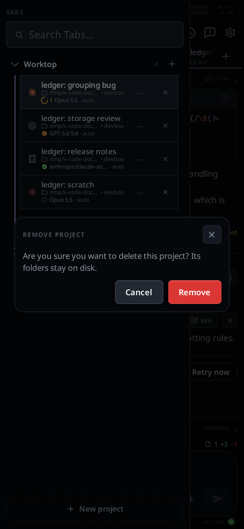 The REMOVE PROJECT popup over the tab bar: Are you sure you want to delete this project? Its folders stay on disk., with Cancel and a red Remove.