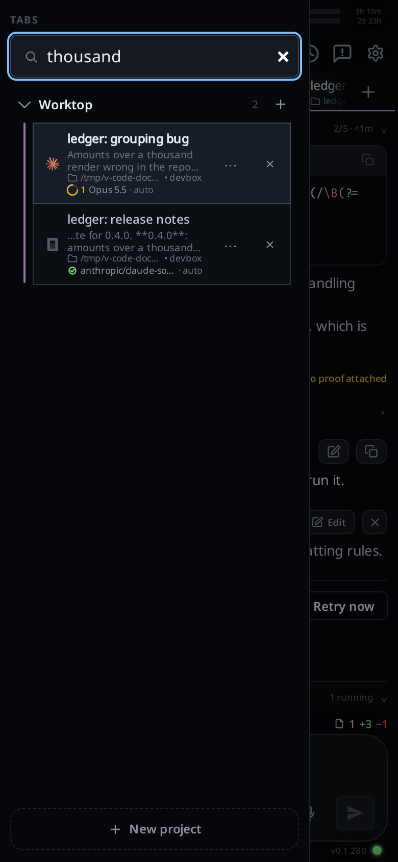The tab bar searched for "thousand": the field at the top, Worktop open with the two tabs whose messages mention it, each with the line it was found in under its name.