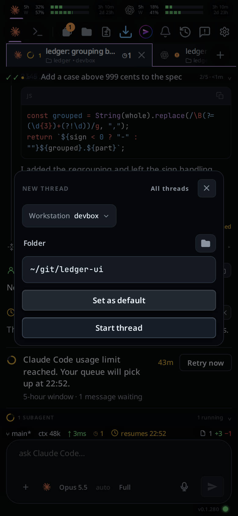 The new-thread card with the picked folder in the box, Set as default and Start thread under it.
