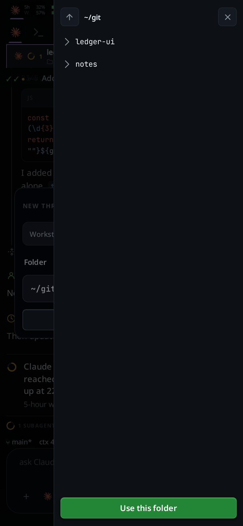 The folder list over the new-thread card: the up arrow, the path ~/git, and two folders.