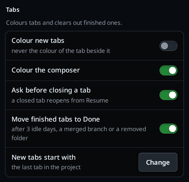 The Tabs group in the settings sheet: its two switches in one panel, each with its label on the left.