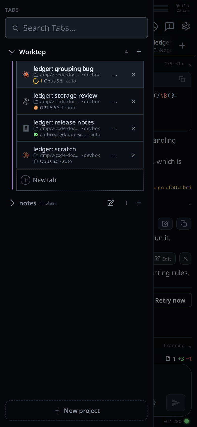 The drawer open over the dimmed transcript: Worktop open with strip-style rows (the agent's mark, name, folder, the status with the model and effort, a cross) ending in the dotted New tab row, the notes project collapsed under it, and New project at the bottom.