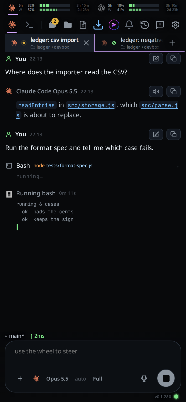 A turn in flight: the tool card says running, and the live card under it reads Running bash with the command's output below