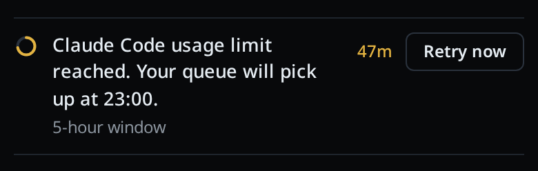 The usage line close up: the amber ring, the sentence saying when the queue picks up, the countdown and the Retry now button