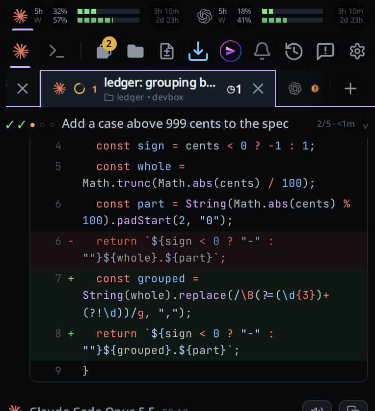 An EDIT card opened: line numbers down the left, a + and a − column, and the JavaScript coloured on green and red rows