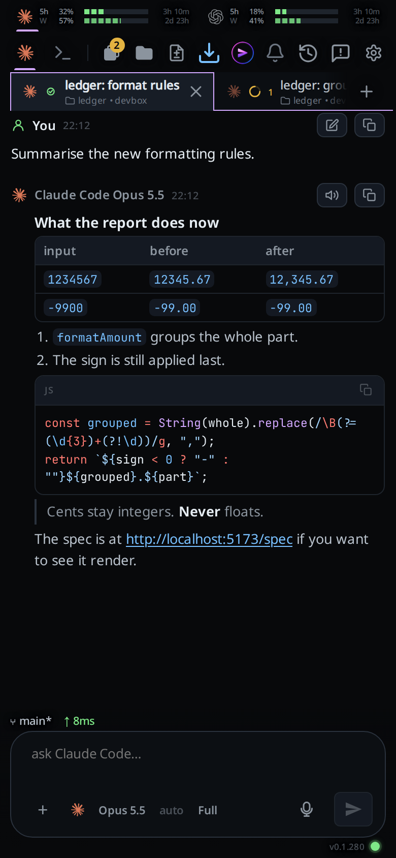 A reply rendered as markdown: a heading, a three-column table, a numbered list, a fenced JS block with its language label and copy button, a blockquote, and a bare URL turned into a link
