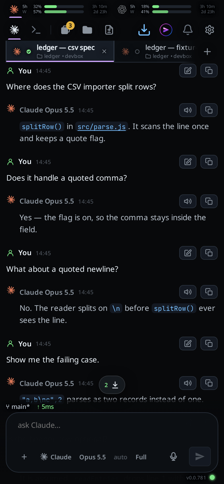 A transcript scrolled back several exchanges, with the pill sitting just above the composer