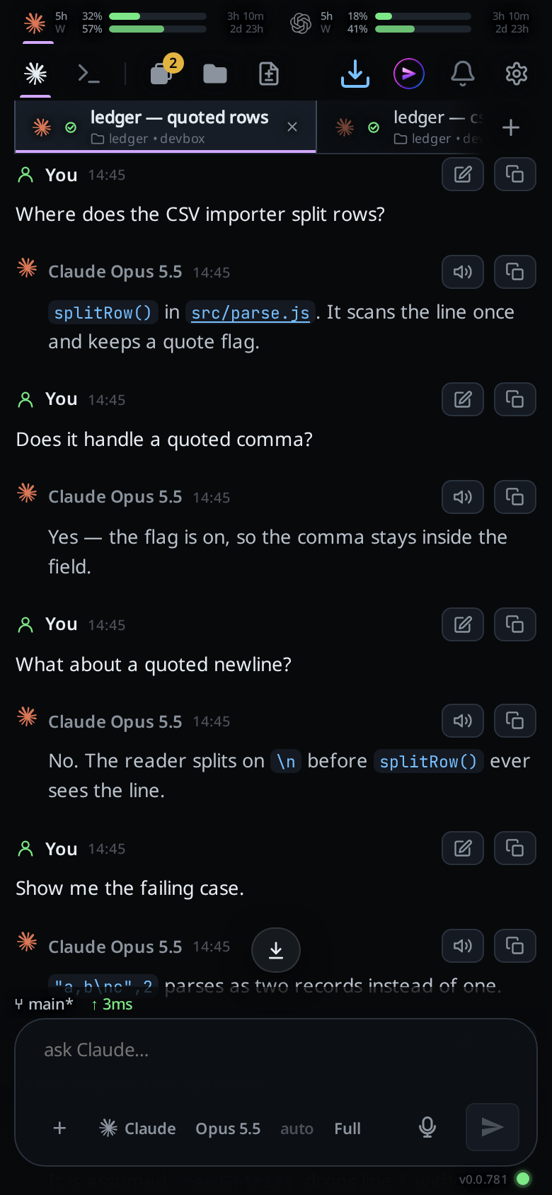 A thread paged back two screens: earlier cards in view and the jump-to-latest pill above the composer
