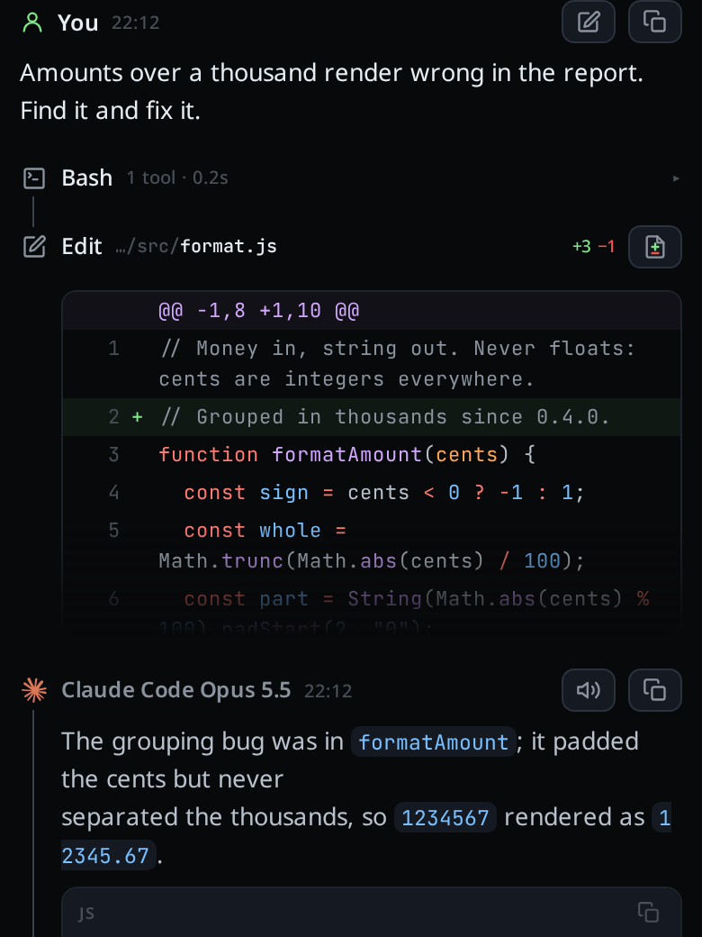 The top of the same thread: a YOU card, a BASH tool card with its output, and an EDIT card showing the first lines of its patch