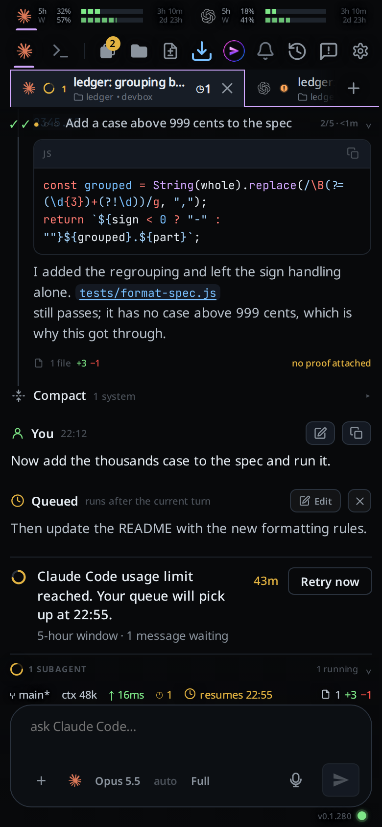 A thread opened at its newest cards: the end of a reply, a SYS compaction card, a YOU message, a QUEUED message and the usage-limit card