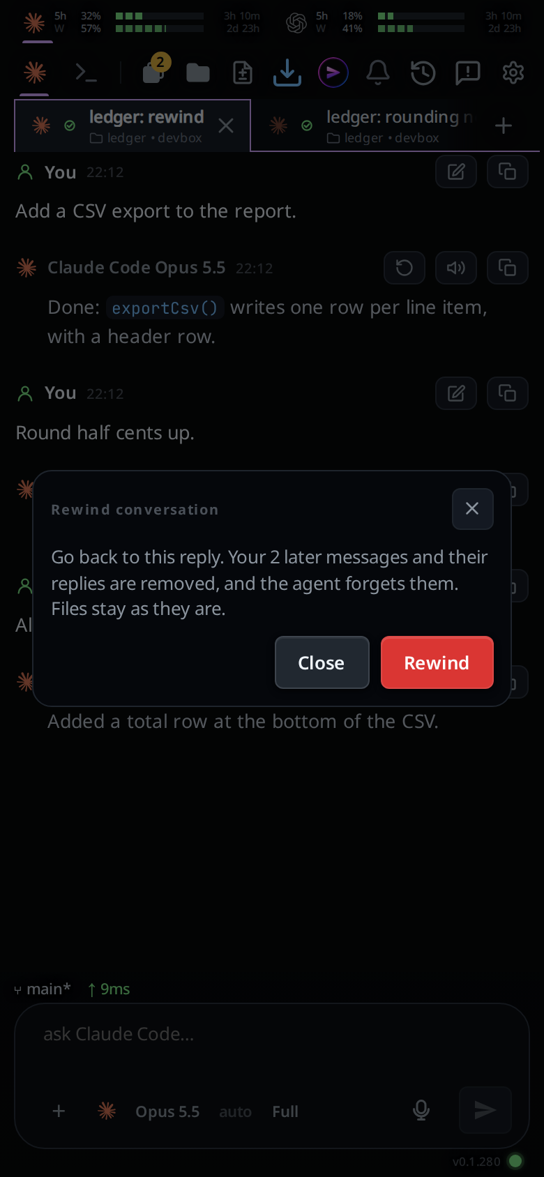 The Rewind conversation popup, with Close and a red Rewind button