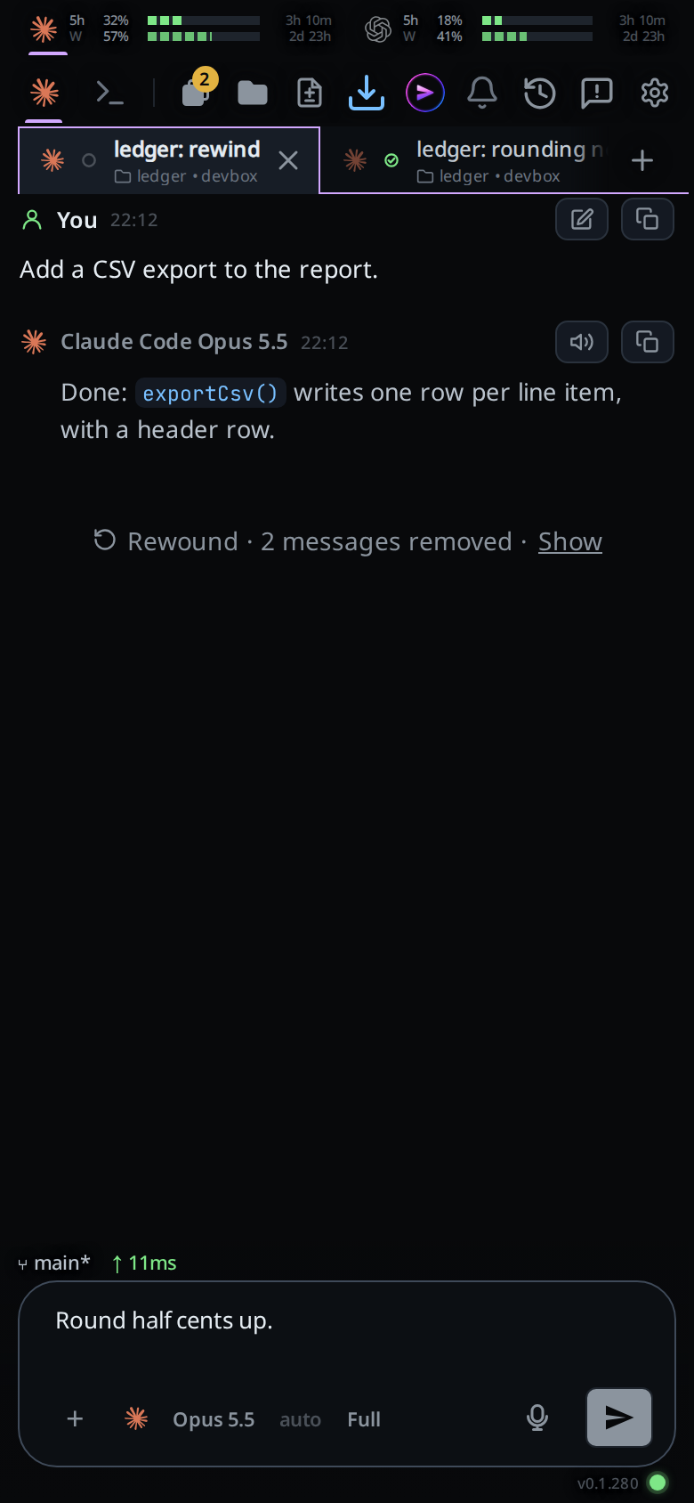 The thread after the rewind: the first turn, a Rewound row, and the old prompt back in the composer