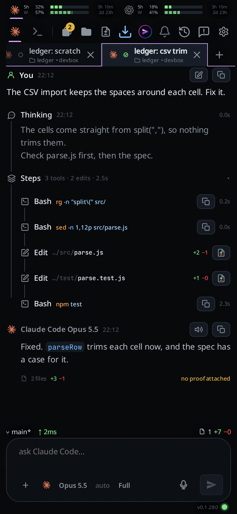 The STEPS row opened, with its three Bash calls and two Edits indented below it on one line each