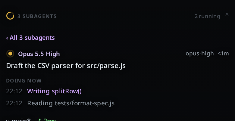 One subagent's detail: the back link, its model and effort, its agent's name and its time, its task, and a DOING NOW feed with a clock time on each line
