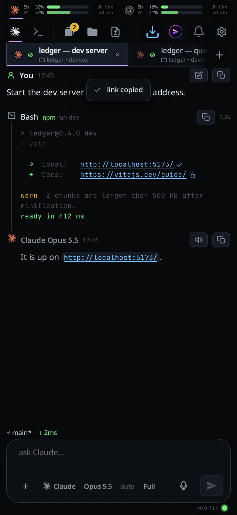 The first copy mark has turned into a tick and the toast reads link copied