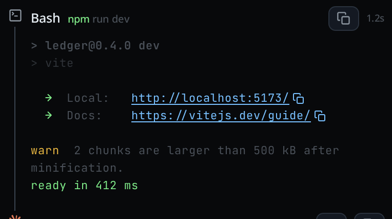 A Bash card holding coloured dev-server output, with both printed URLs rendered as blue links and a copy mark after each