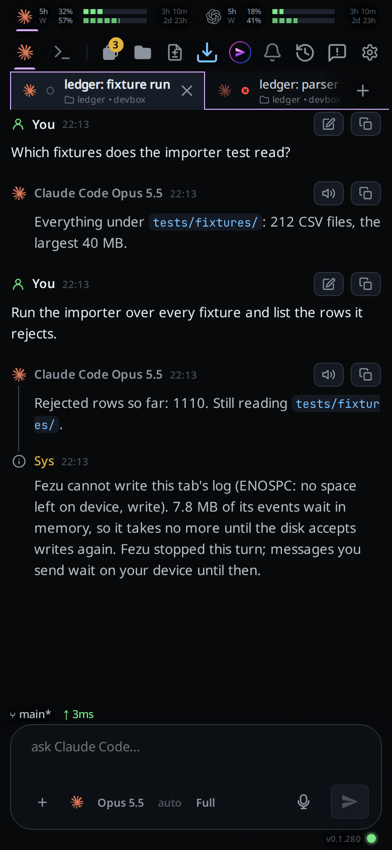 A tab whose disk is full: the warning line at the end of the transcript saying VCode cannot write this tab's log, that 7.8 MB of its events wait in memory, and that VCode stopped this turn